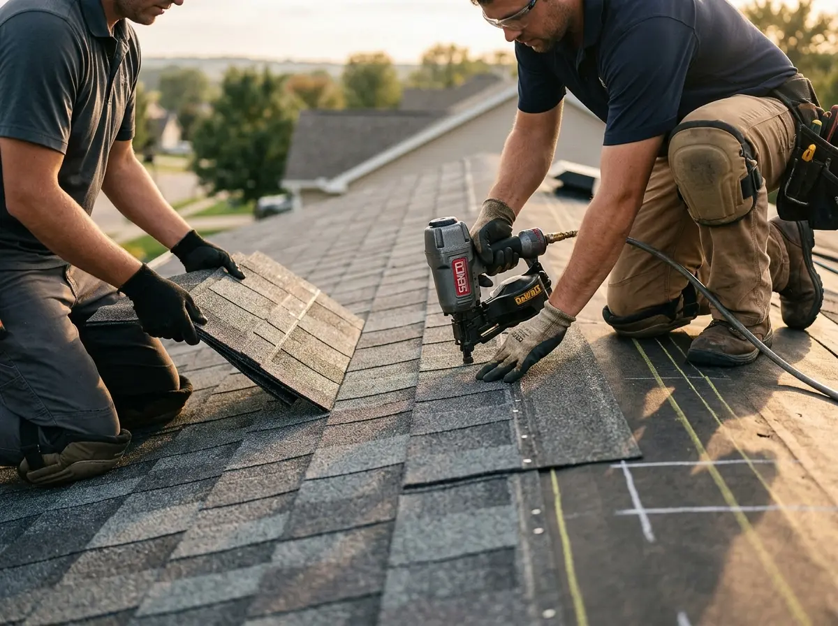 Professional roofer working on a residential roof in North Decatur